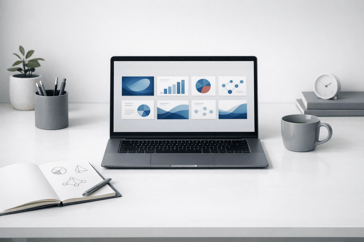 Minimal professional workspace visual for creating AI presentations end-to-end