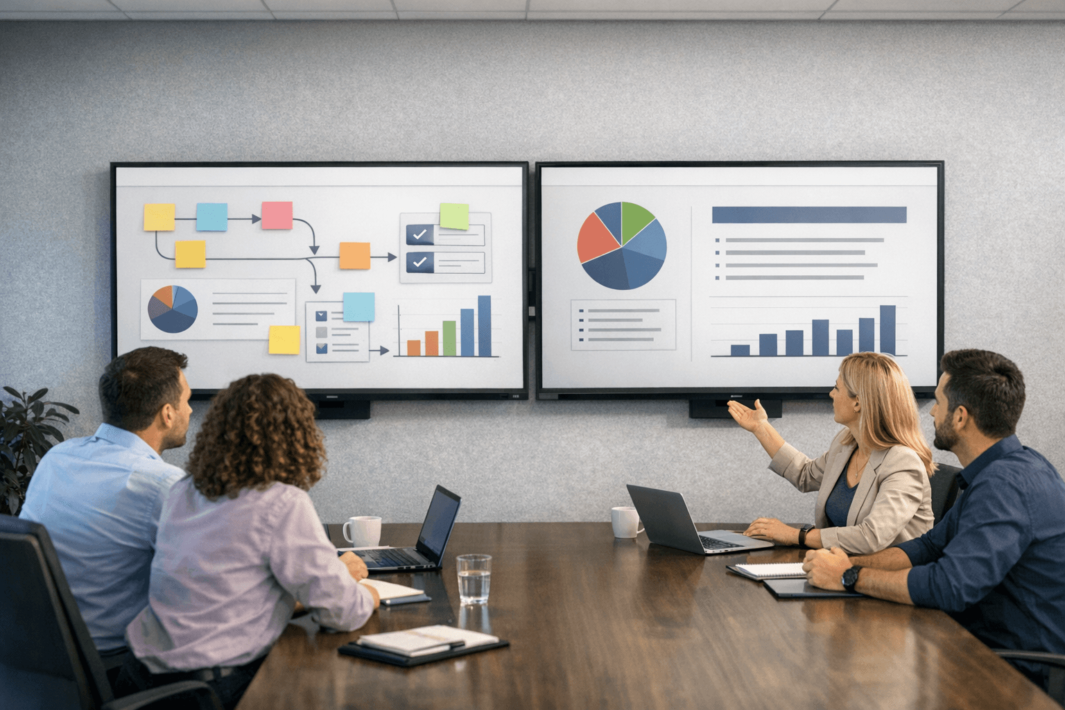 Team review scene with dual-screen comparison of two presentation workflows