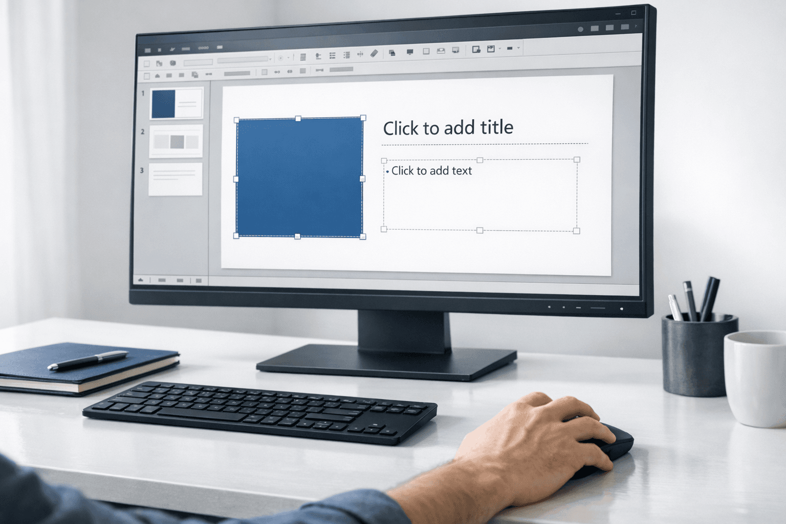Professional editing workflow scene for refining AI-generated presentation slides